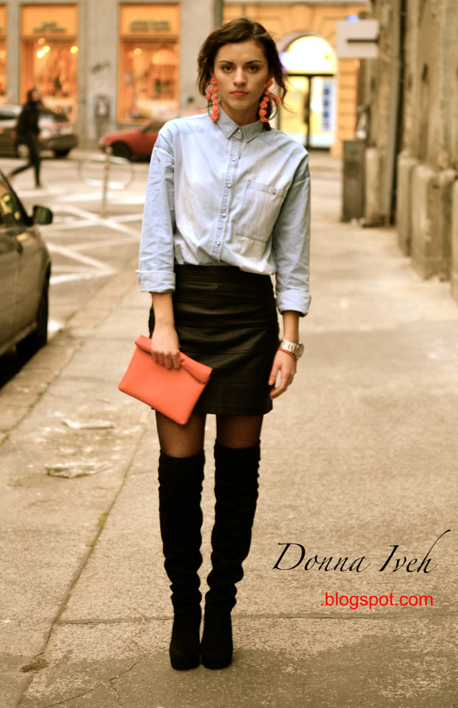 denim shirt leather skirt